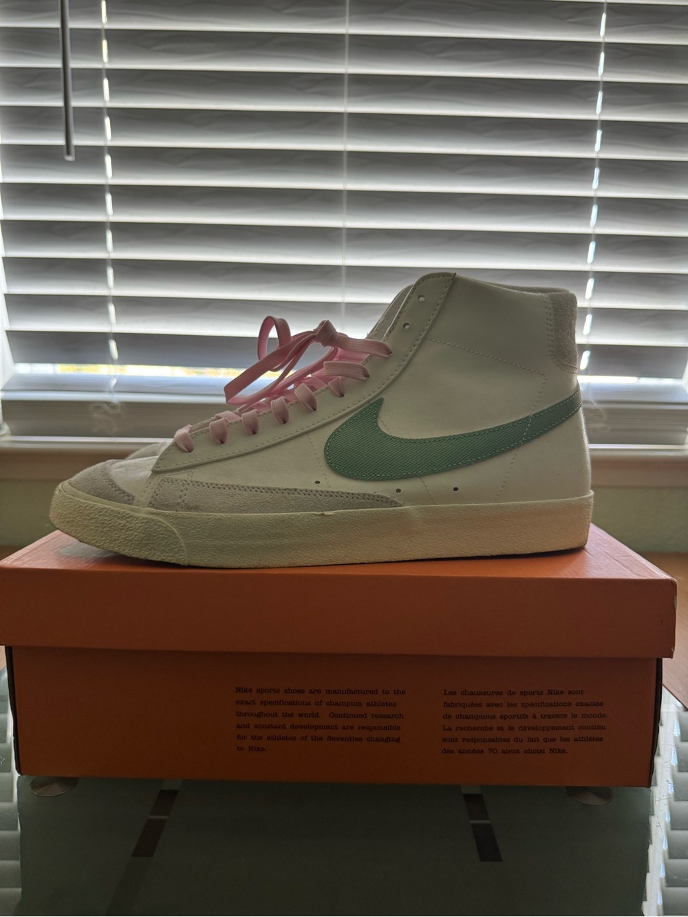 Nike Blazer Mid White with Mint Swoosh and Pink Laces